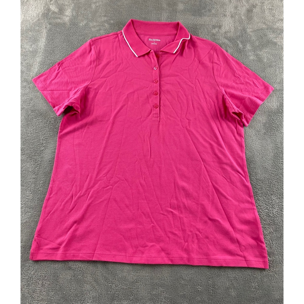 Kim Rogers Womens Short Sleeve Polo Shirt Pink Cotton Pique Size L Collared Trim